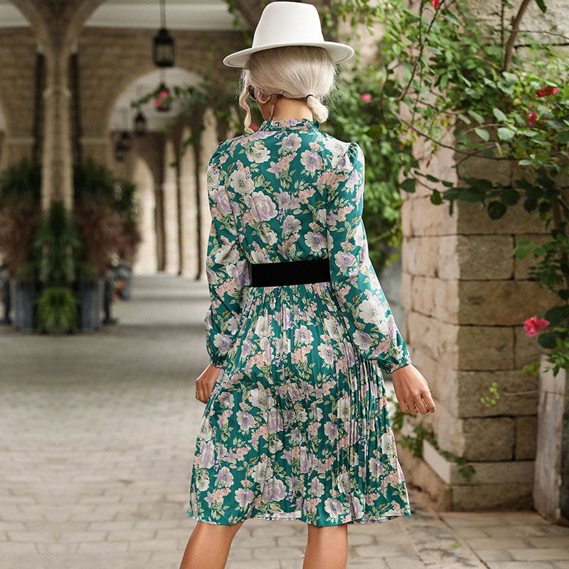 Women's Pleated Midi Dress with Stand Collar Bow, Puff Sleeves, and Removable Pearl Belt Mune Fashion