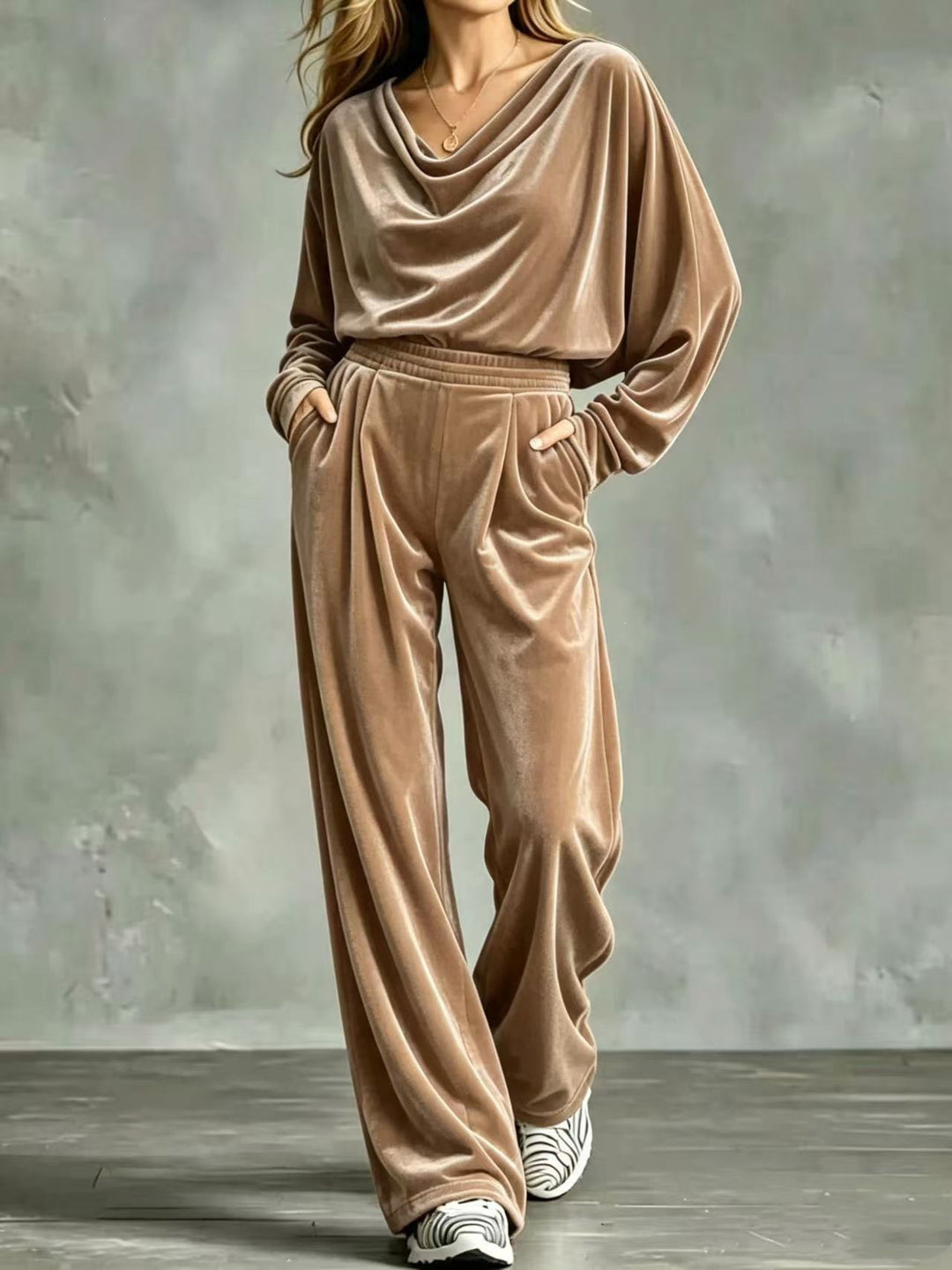 Women's Velvet Loungewear Set with Waterfall Collar, Wide Palazzo Cut and Insert Pockets Mune Fashion