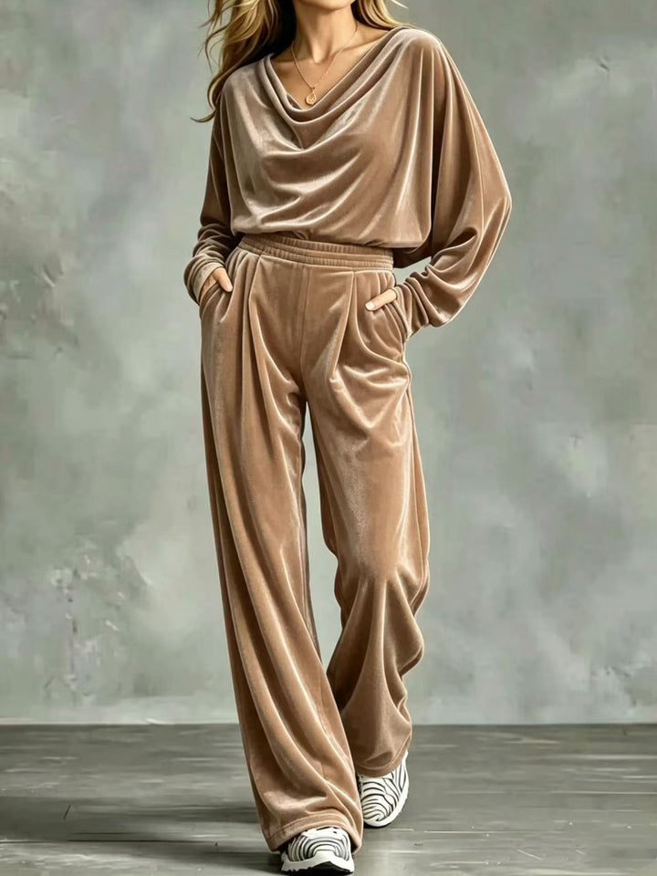 Women's Velvet Loungewear Set with Waterfall Collar, Wide Palazzo Cut and Insert Pockets Mune Fashion