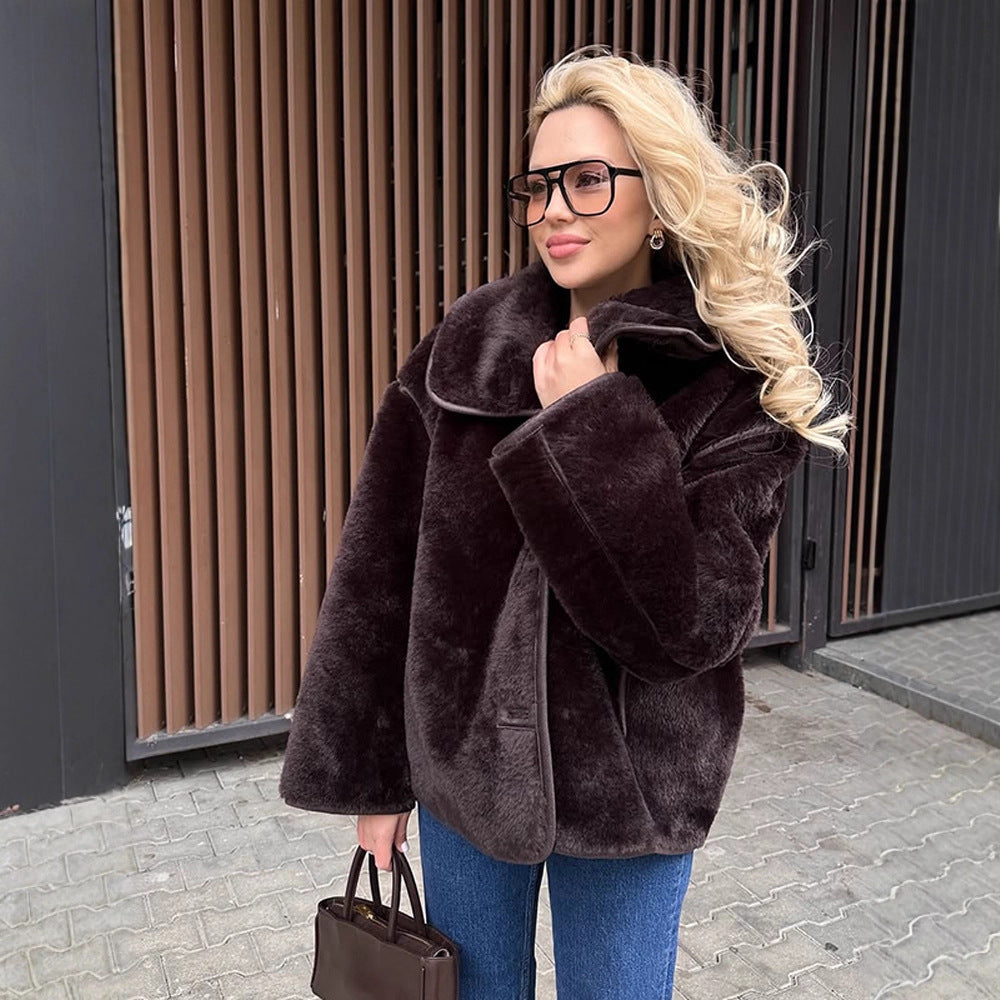 Women's Boxy Faux Fur Jacket with Voluminous Shawl Collar and Boxy Silhouette Mune Fashion