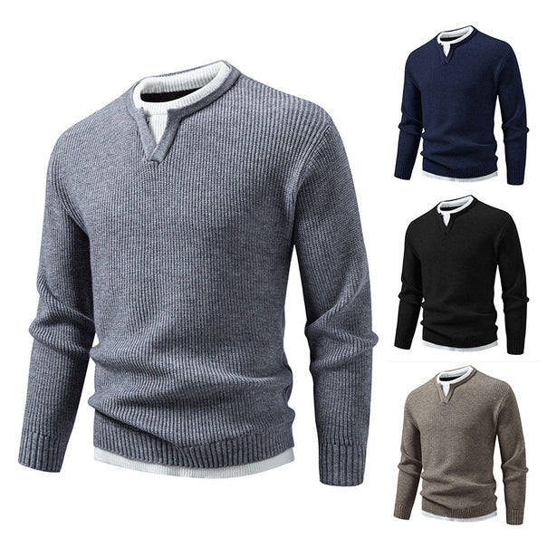 Men's Ribbed Knit Sweater with V-Notch and Layered Look Mune Fashion