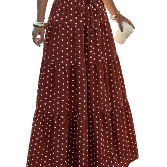 Women Striped Maxi Skirt with Elastic Waistband and Polka Dot Pattern Mune Fashion