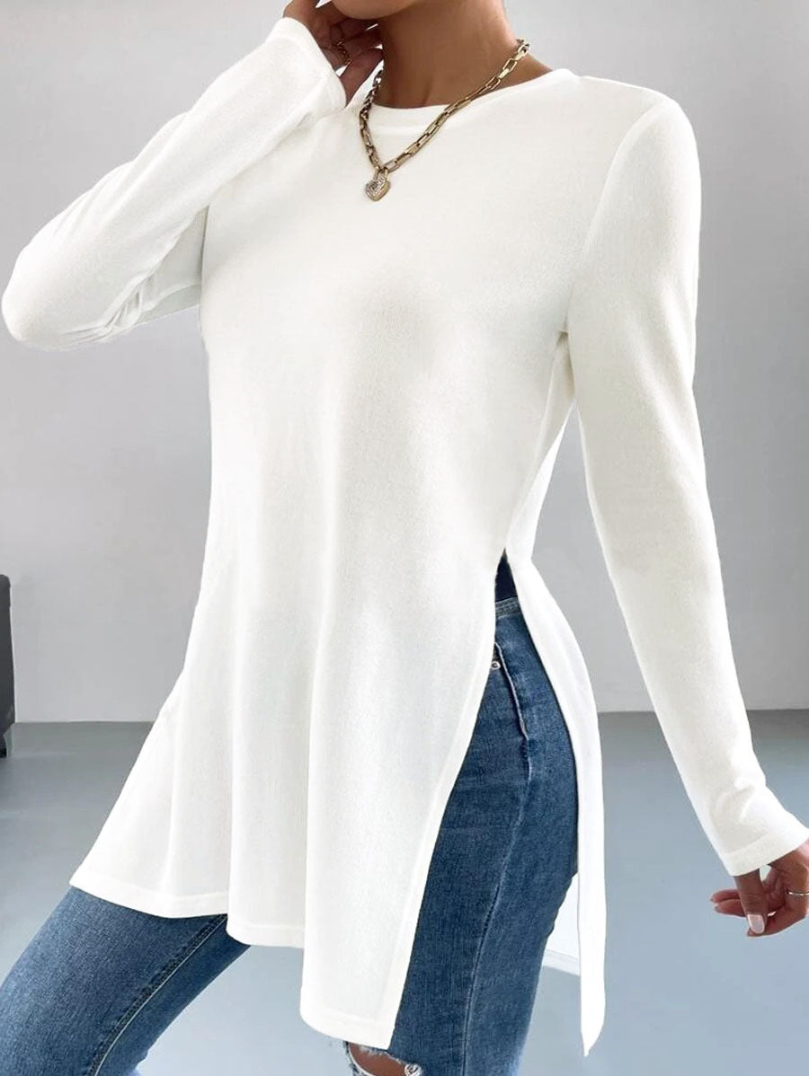 Women's Long Fine Knit Tunic Shirt with Side Slits and Rounded Hem Drune