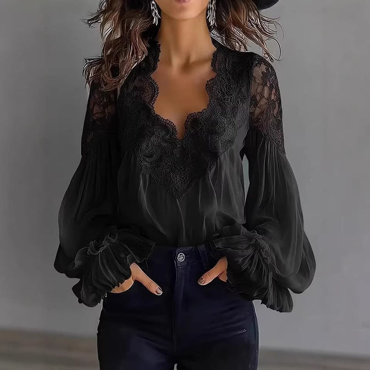Women's Chiffon Blouse with Lace V-Neck and Wide Pleated Sleeves Mune Fashion