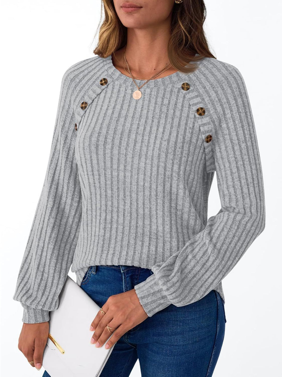 Women's Ribbed Knit Sweater with Decorative Button Placket on Raglan Sleeves Mune Fashion