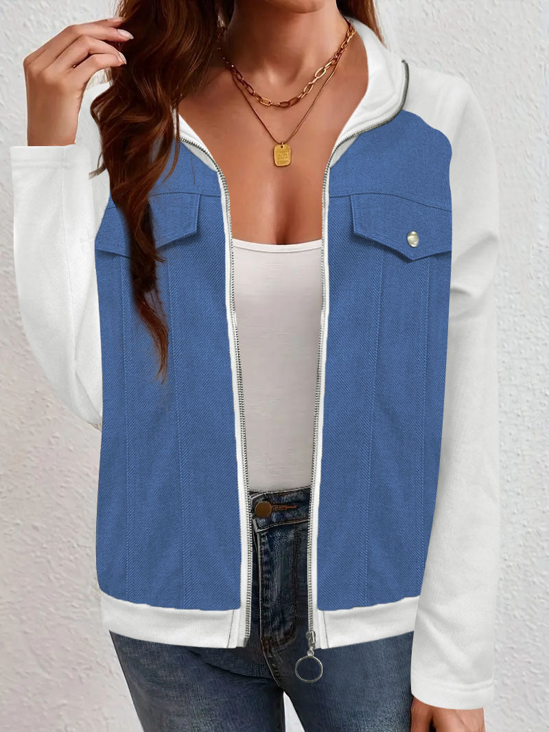 Women's denim mix blouson jacket with zipper and chest pockets Mune Fashion