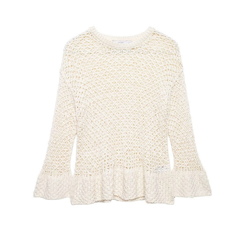 Women's loosely knitted lace pullover with ruffled hem and flared sleeves Mune Fashion