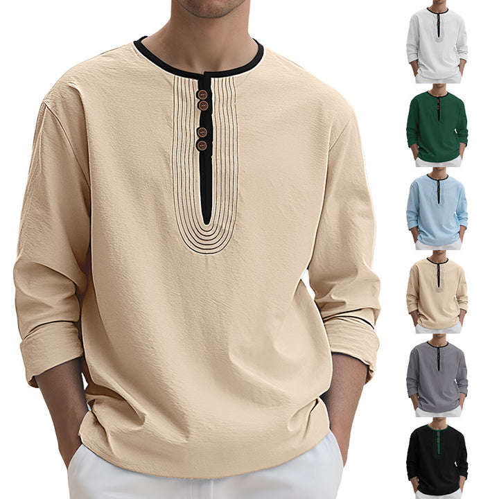 Men's loosely cut long sleeve kurta top with decorative pleats and wooden button placket Mune Fashion