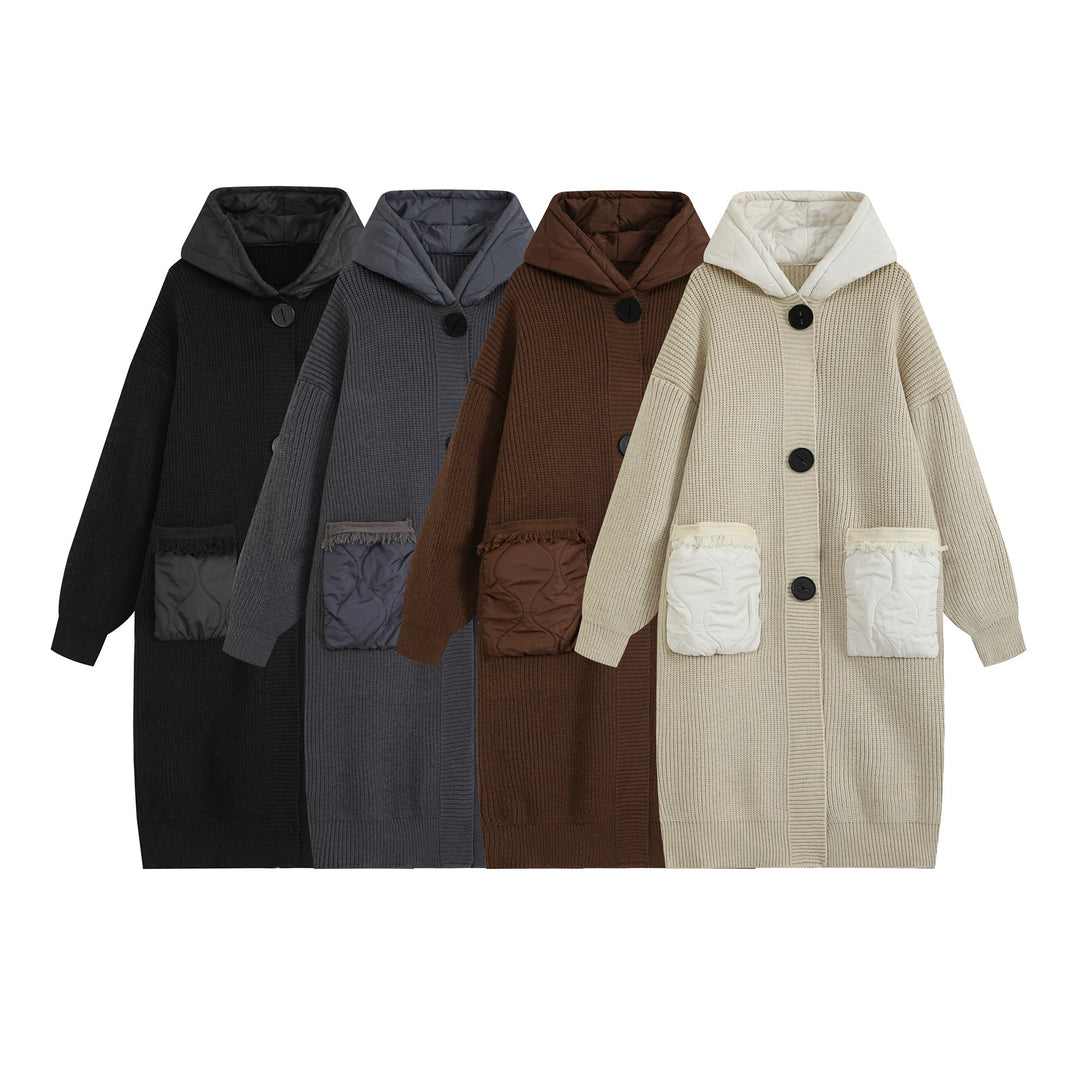 Women's knitted coat with quilted hood and padded pockets Mune Fashion