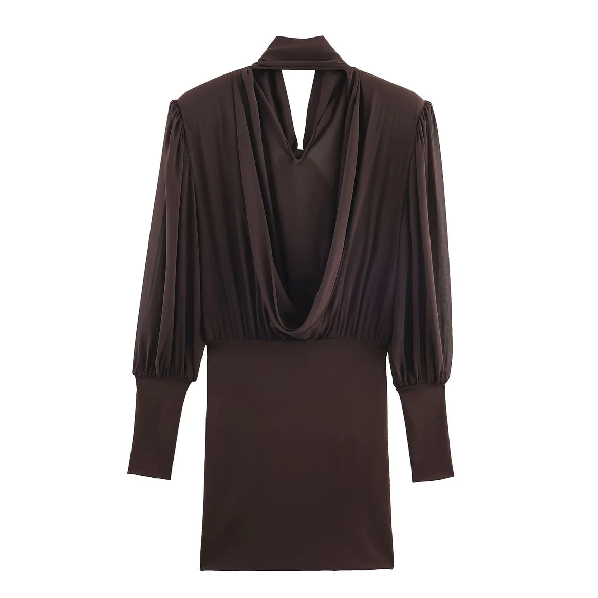 Women's fitted mini dress with bow tie, pleated top, and long cuffed sleeves Mune Fashion