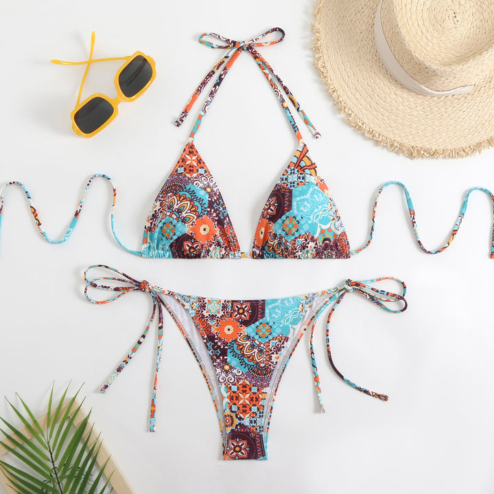 Women's Triangle Bikini Set with Playful Floral Pattern and Fine Ties Mune Fashion