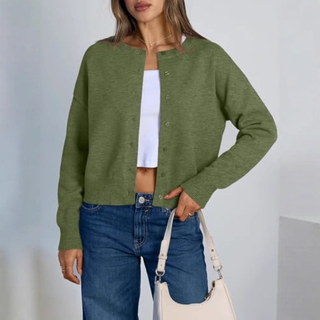 Women's Cropped Cardigan in Boxy Cut with Round Neck and Ribbed Cuffs Drune