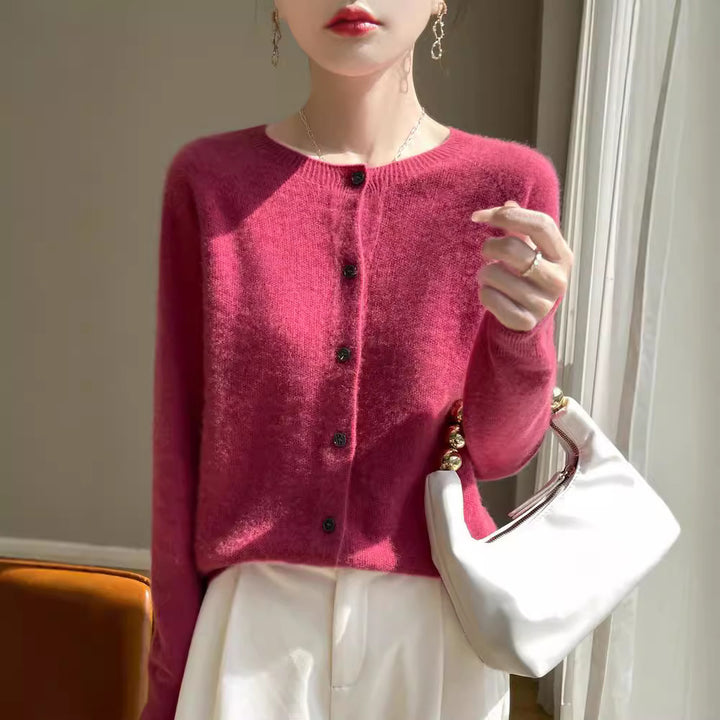 Women's Short-Cut Fine Knit Cardigan with Round Neck and Shimmering Button Placket Mune Fashion