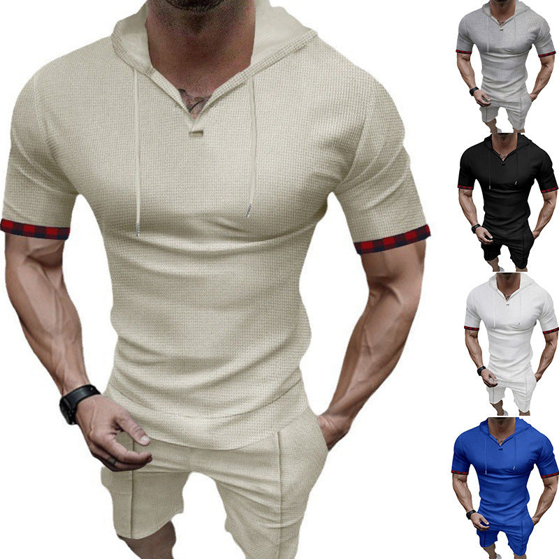 Men's summery hooded lounge set in lightweight waffle texture with short sleeve hoodie Henley opening and comfortable shorts Mune Fashion