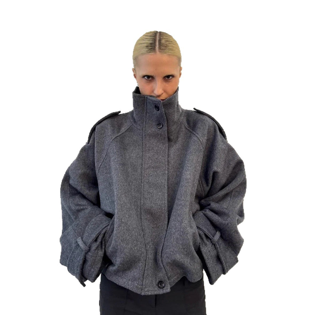 Women's short wool mix blouson with high stand-up collar, shoulder patches, and voluminous balloon sleeves Mune Fashion