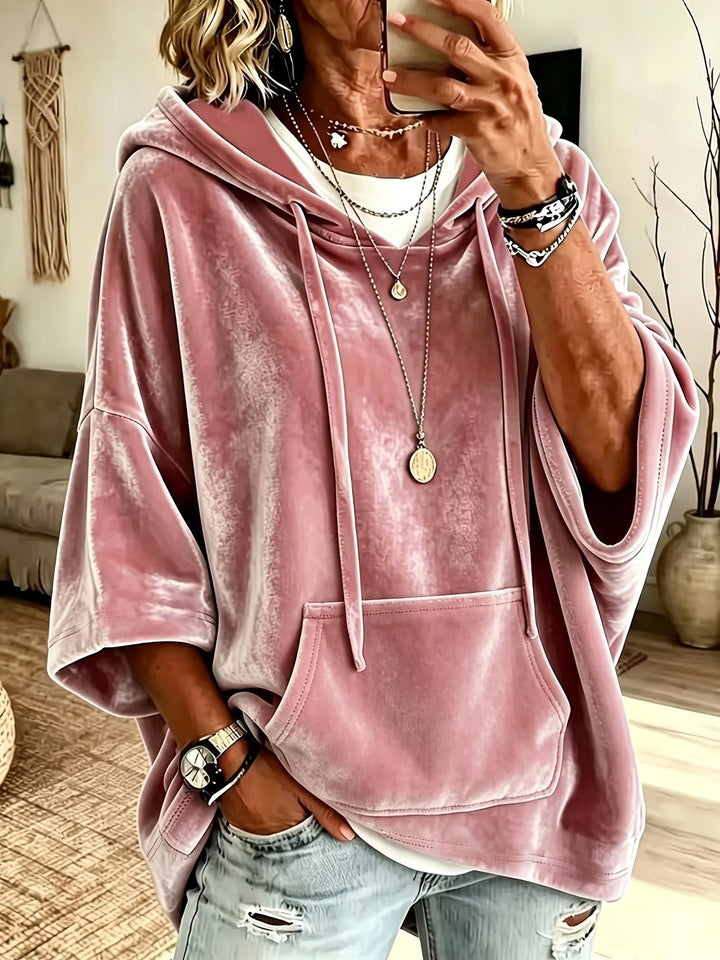 Women's Oversize Velvet Hoodie with Half Sleeves, Hood, and Kangaroo Pocket Mune Fashion