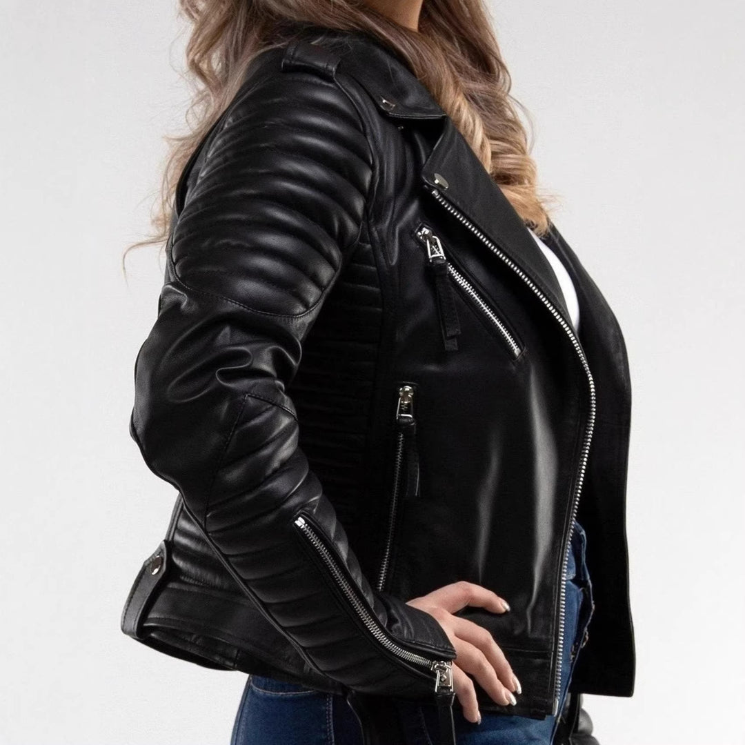 Women's Fashion Leather Biker Jacket with Quilted Details
