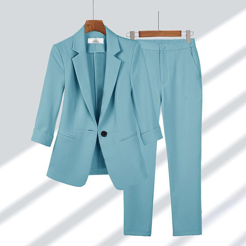 Women's slim two-piece business blazer with roll-up 3/4 sleeves and high-cut tapered pants Mune Fashion