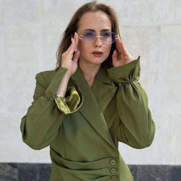 Women's Tailored Blazer Set with Asymmetrical Button Closure and Relaxed Pleated Trousers Mune Fashion
