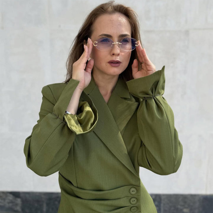 Women's Tailored Blazer Set with Asymmetrical Button Closure and Relaxed Pleated Trousers Mune Fashion