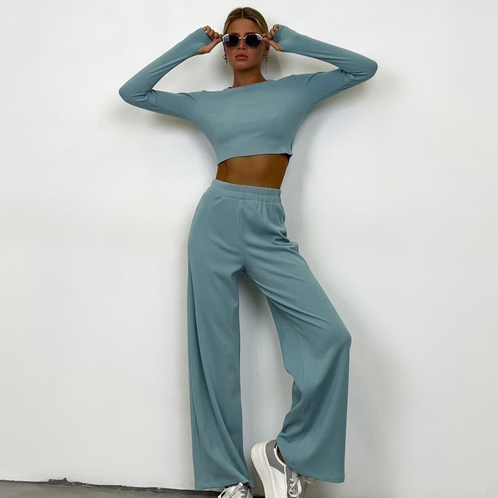 Women’s fitted ribbed cropped long sleeve with elastic high waist lounge pants set Mune Fashion