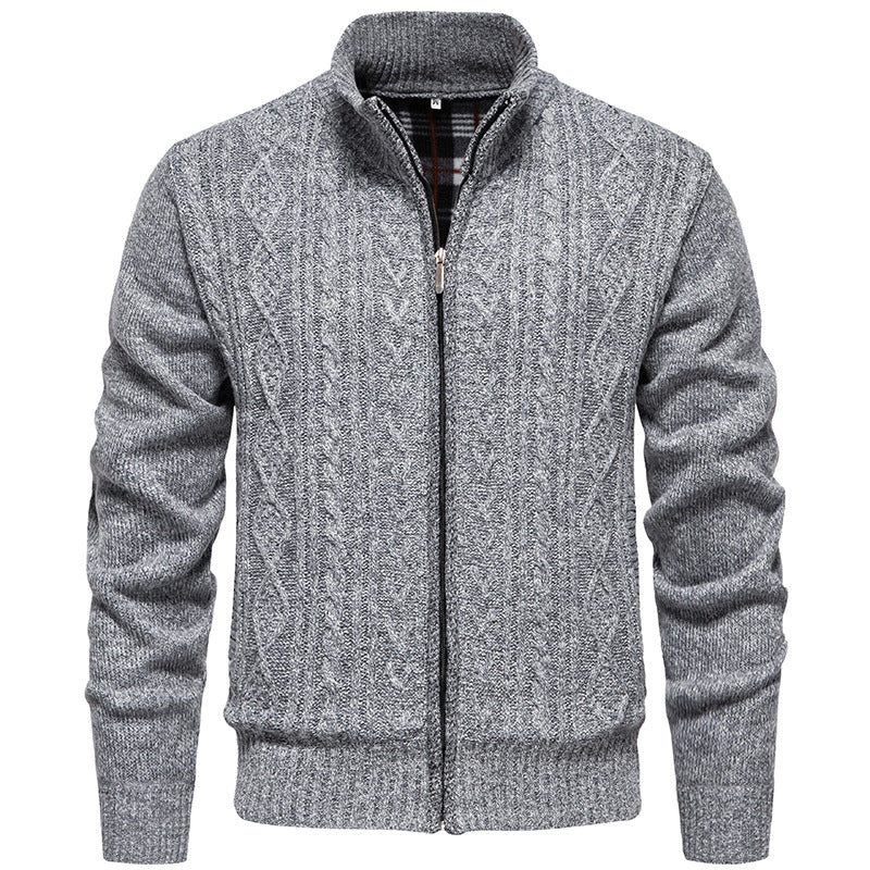 Men's chunky knit cardigan with cable pattern, stand-up collar and checked inner lining Mune Fashion