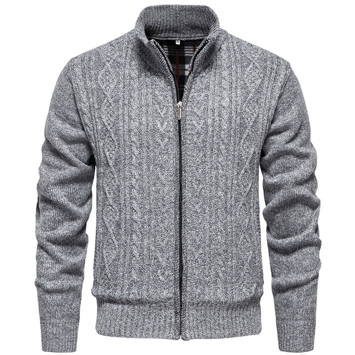 Men's chunky knit cardigan with cable pattern, stand-up collar and checked inner lining Mune Fashion