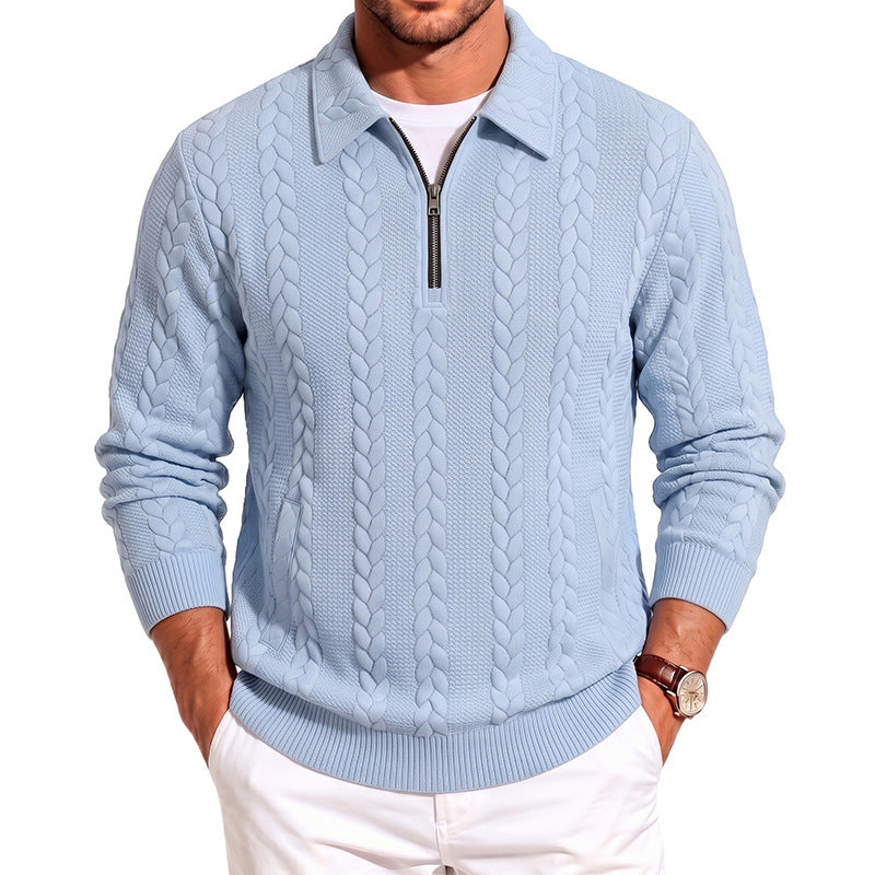 Men's polo collar knit sweater with cable structure and half zip Mune Fashion