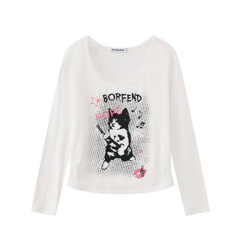 Ladies Layered Long Sleeve Shirt with Racerback Inner Layer and Cartoon Cat Print Mune Fashion