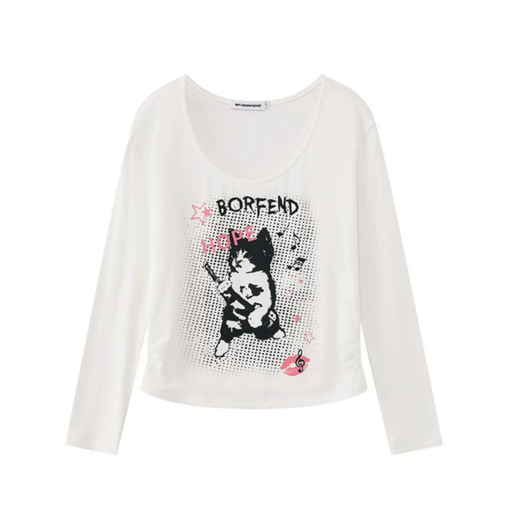 Ladies Layered Long Sleeve Shirt with Racerback Inner Layer and Cartoon Cat Print Mune Fashion