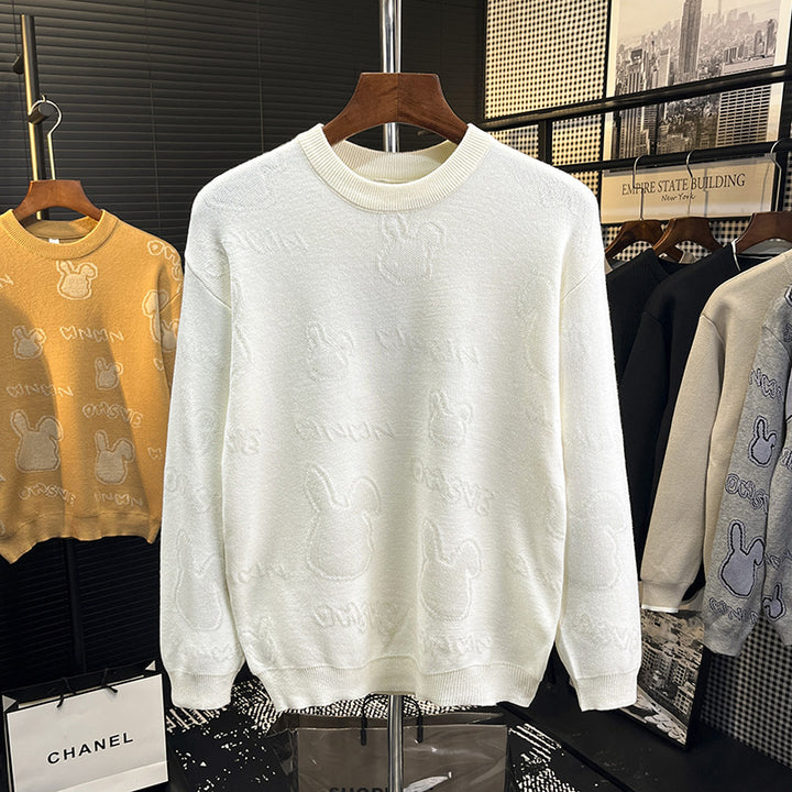 Unisex fine knit pullover with discreet jacquard rabbit relief and round neck Mune Fashion
