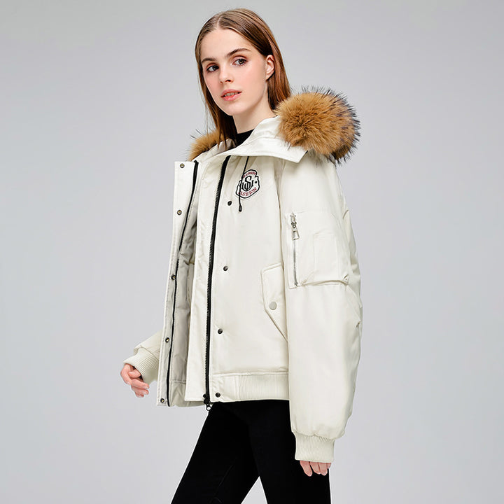 Women's short bomber-style parka jacket with removable fur hood and logo patch Mune Fashion