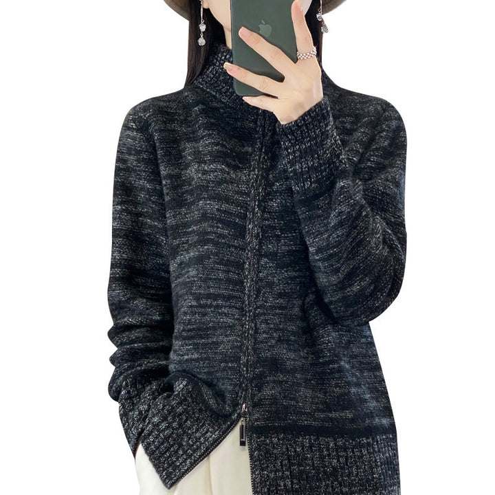 Women's zip-up cardigan with mottled texture and stand-up collar Mune Fashion