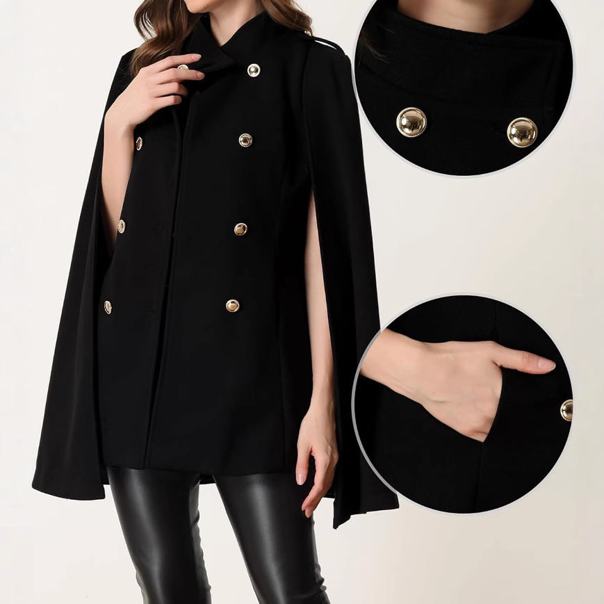 Ladies short cape coat made of wool blend with double-breasted shoulder straps and arm slits Mune Fashion