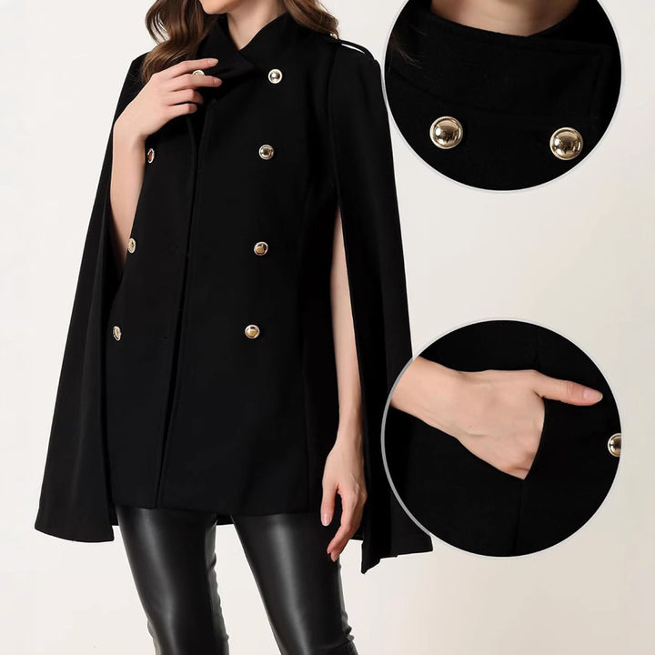 Ladies short cape coat made of wool blend with double-breasted shoulder straps and arm slits Mune Fashion