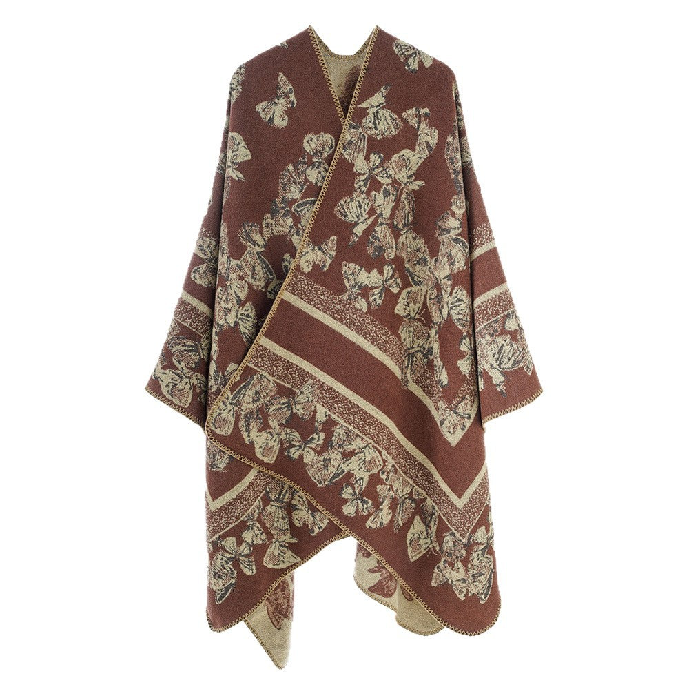 Women's Butterfly Jacquard Ruana made of Wool Blend with Curved Hem Mune Fashion
