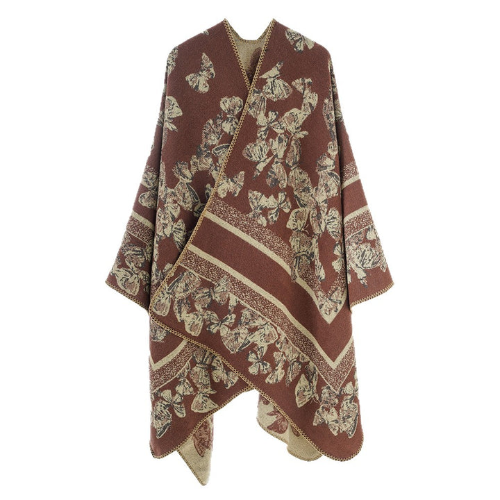 Women's Butterfly Jacquard Ruana made of Wool Blend with Curved Hem Mune Fashion