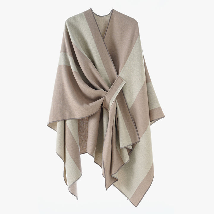 Women's loosely cut cape made of wool blend with tie belt and contrasting edges Mune Fashion
