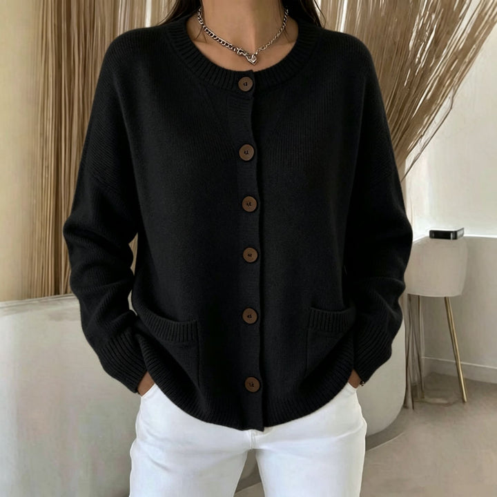 Women Button Cardigan with Round Neck, Patch Pockets and Raglan Sleeves Mune Fashion