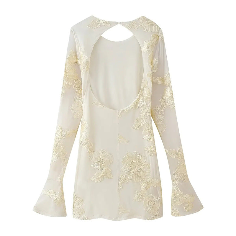 Women’s embroidered chiffon blouse with floral 3D appliqué, cut-out back and flared cuffs Mune Fashion
