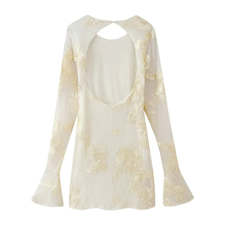 Women’s embroidered chiffon blouse with floral 3D appliqué, cut-out back and flared cuffs Mune Fashion