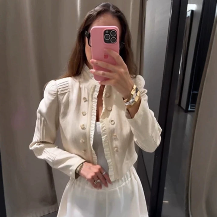 Women's cropped jacket with ruffle trim, puff sleeves, and double-breasted button placket Mune Fashion