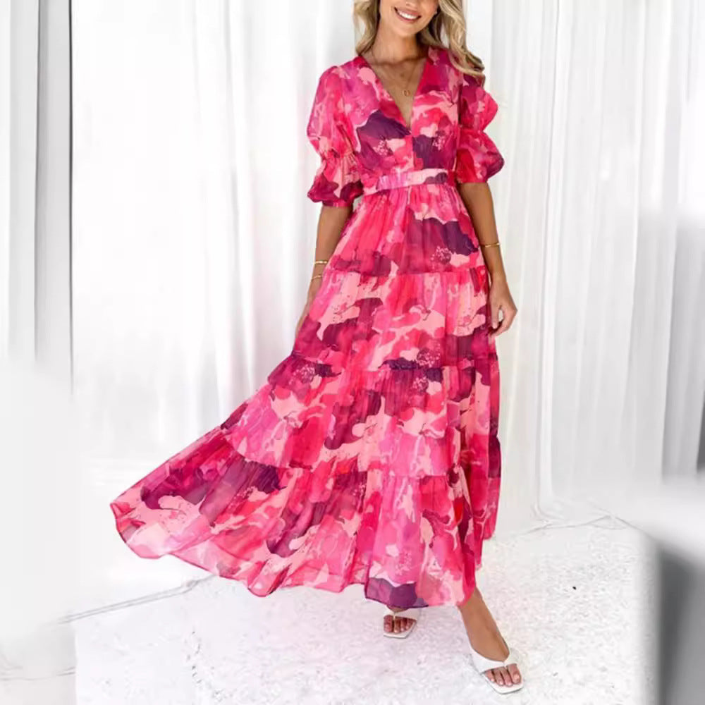 Ladies multi-layered maxi dress in ruffle tiered look with V-neck and gathered empire waist Mune Fashion