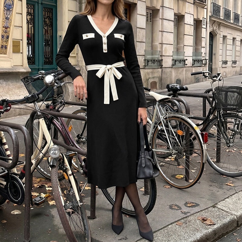 Women's Elegant Long Sleeve Dress with Belt Mune Fashion
