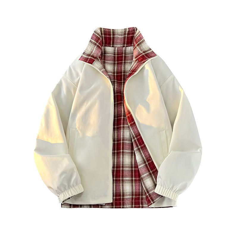 Unisex Reversible Utility Jacket with checked lining, stand-up collar and elastic cuffs Mune Fashion
