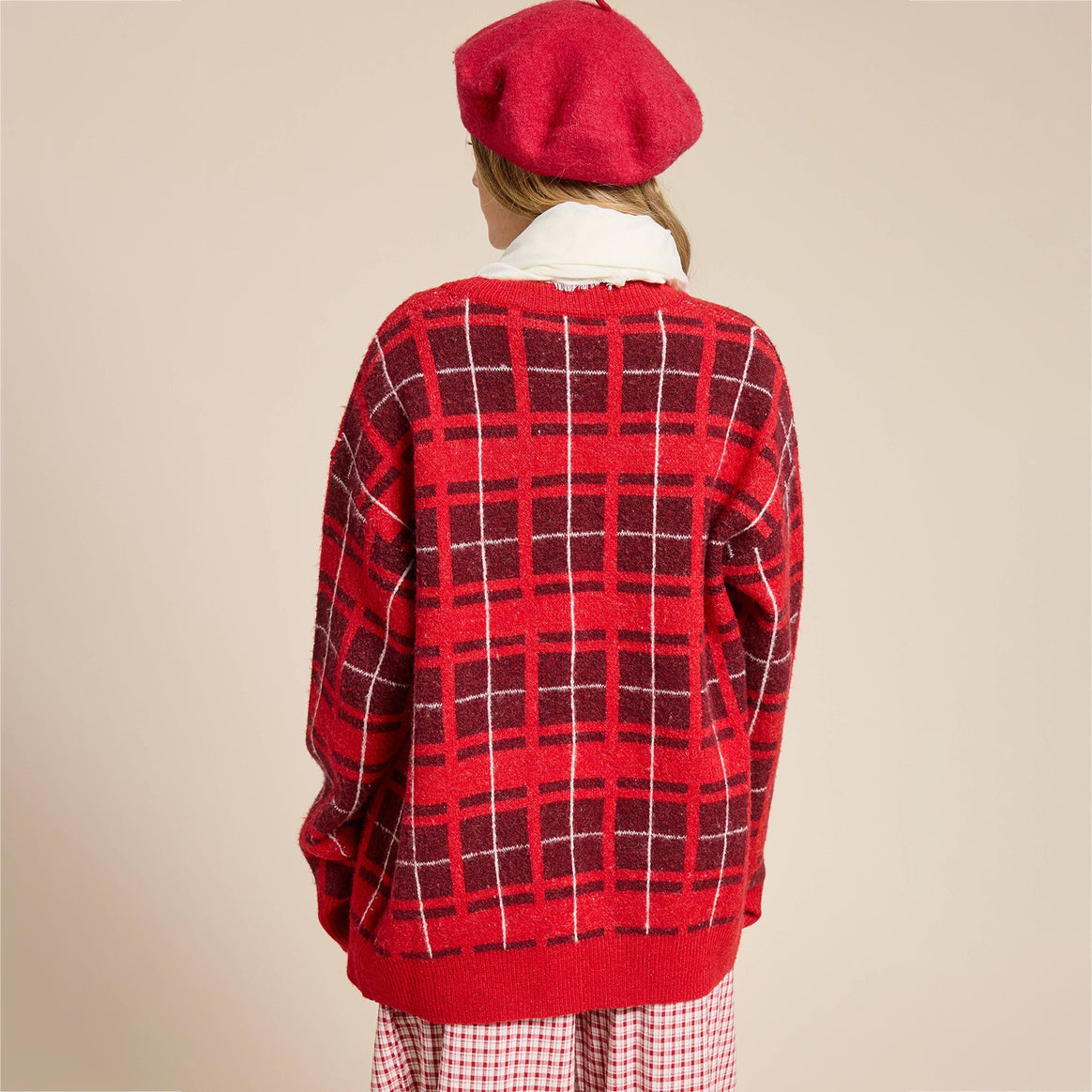 Women's Oversize Checkered Knitted Cardigan with Tie Belt & Patch Pockets Mune Fashion