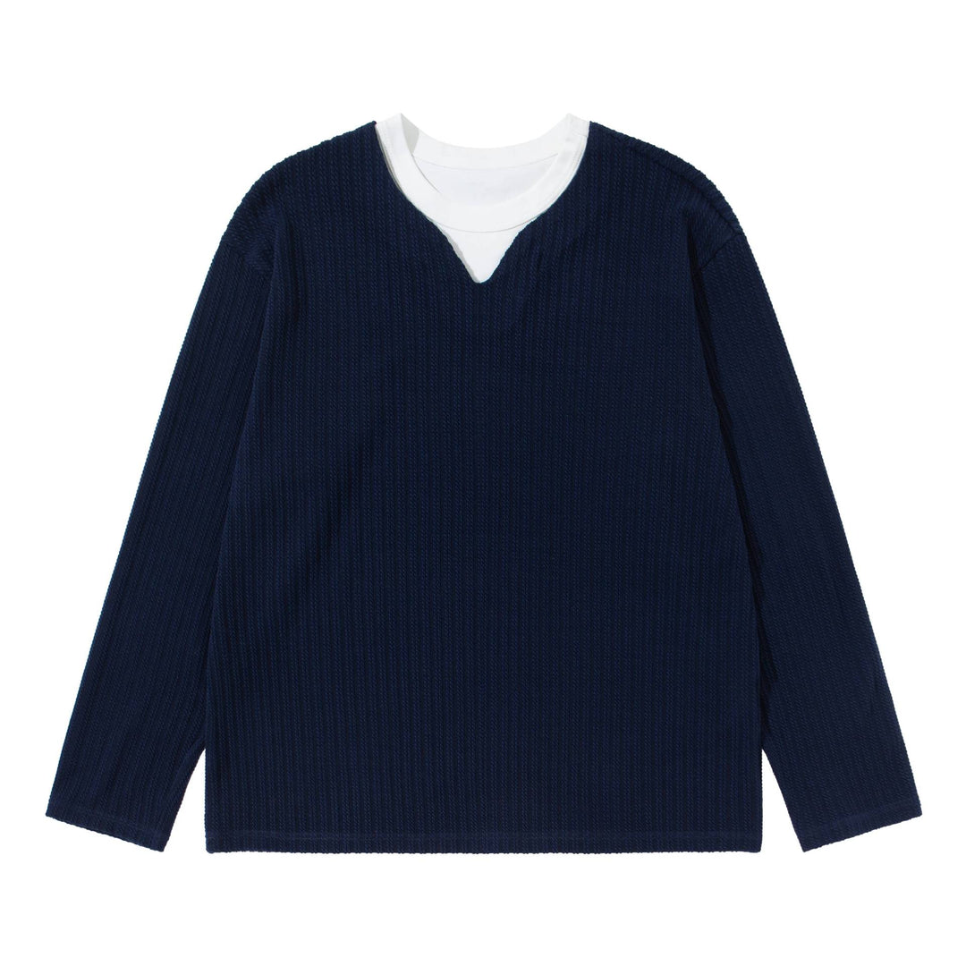 Unisex Ribbed Long Sleeve Pullover with V-Notch and Inserted Round Neck Underlayer Mune Fashion