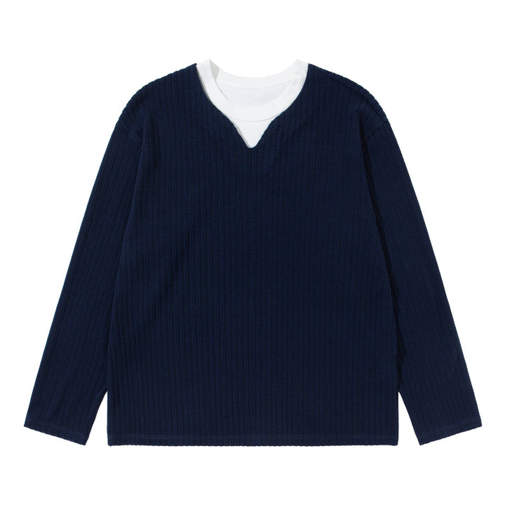 Unisex Ribbed Long Sleeve Pullover with V-Notch and Inserted Round Neck Underlayer Mune Fashion