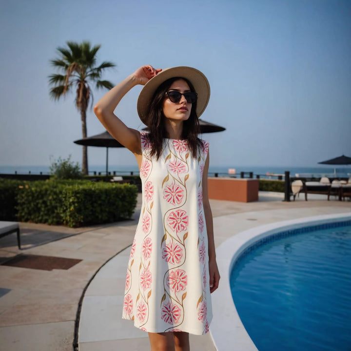 Women's Lightweight Sleeveless Shift Midi Dress with Delicate Floral Print and Straight Neckline Mune Fashion