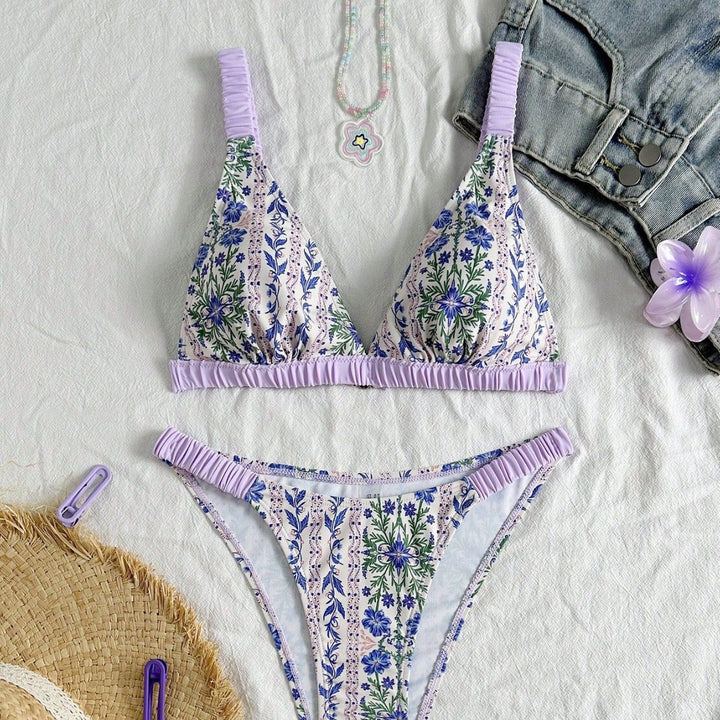 Ladies triangle bikini with floral design and ruffle details Mune Fashion